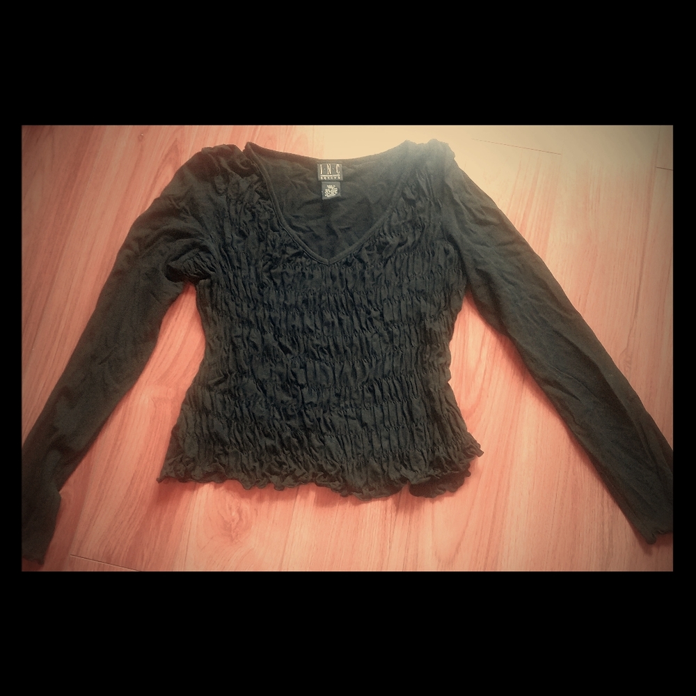 INC Black Ruffled Petite Long Sleeve